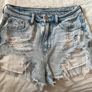 AEO Distressed High Waisted Light Denim Shorts
